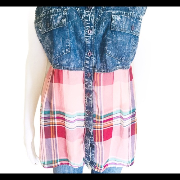 WAREHOUSE ONE Mixed Media Denim Button Down Shirt With Plaid Blue/Pink Sz Medium - Picture 5 of 11